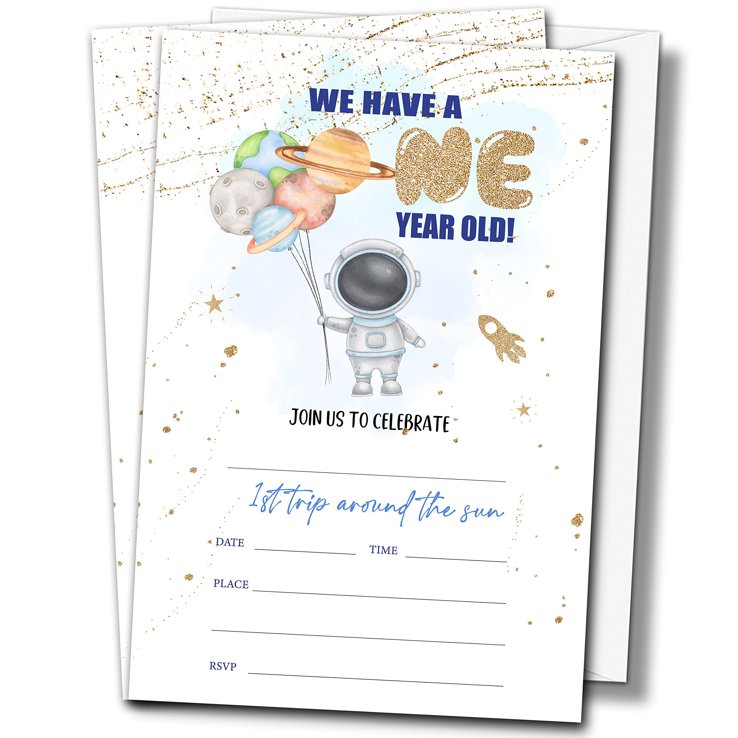 Buildinest Out Of This World 1st Birthday Party Invitations with Envelopes (20-Pack), 4"x6" First Trip Around the Sun Birthday Invitation Cards, Outer Space Style Party Invites-B22