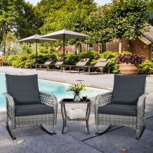 cirmubuy 3-piece outdoor furniture set, patio conversation chair, wicker cushioned patio rocker with side table for porch, garden, poolside & deck, dark grey