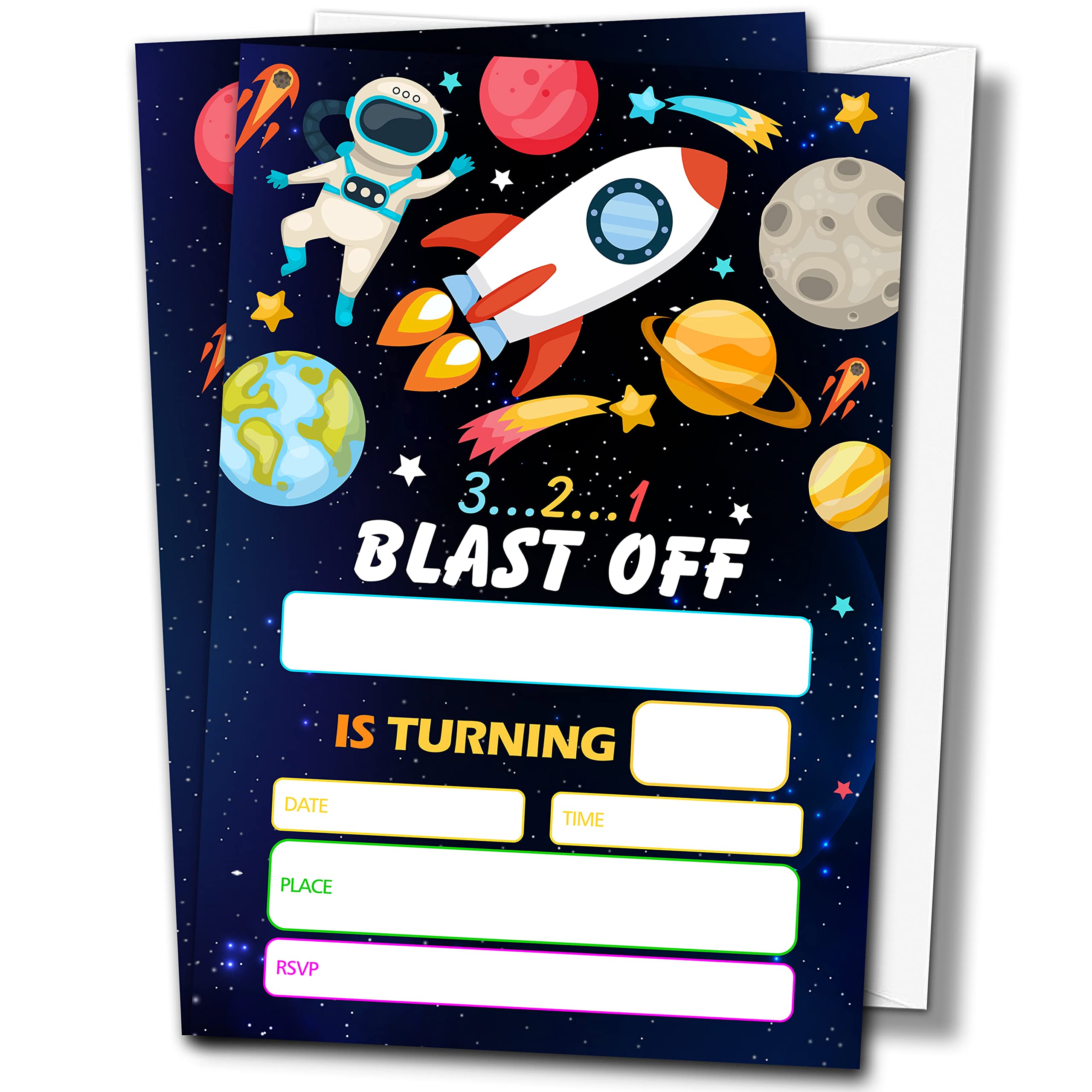 Buildinest Outer Space Birthday Party Invitations with Envelopes (20-Pack), 4"x6" Planets Rocket Ship Astronaut Birthday Invitation Cards, Galaxy Blast Off Party Invites-B17