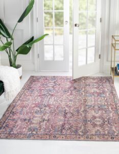 rugs.com nostalgia collection washable rug – 7' 10 square pink flatweave perfect for living rooms, kitchens, entryways