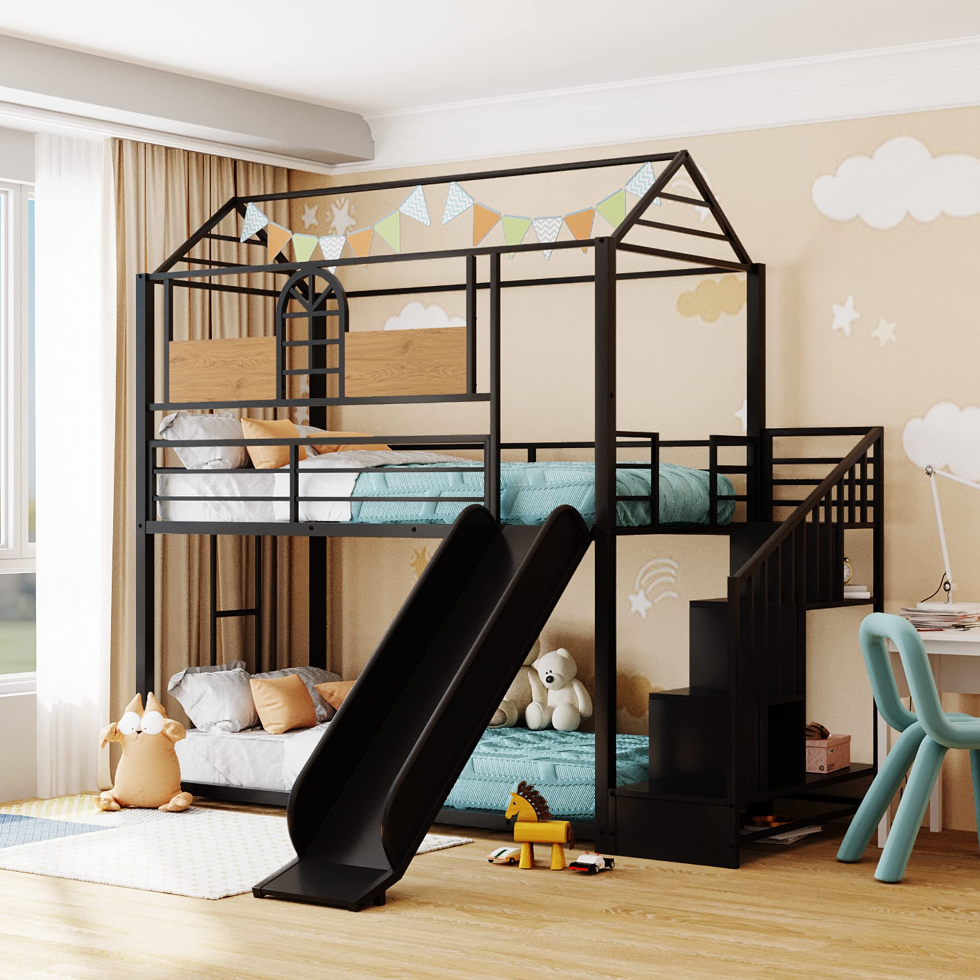 Bellemave House Bunk Bed with Slide and Stairs Twin Over Twin Floor Bunk Bed Frame Metal Playhouse Bunked with Storage Shelves for Kids Boys Girls Teens, Black with MDF