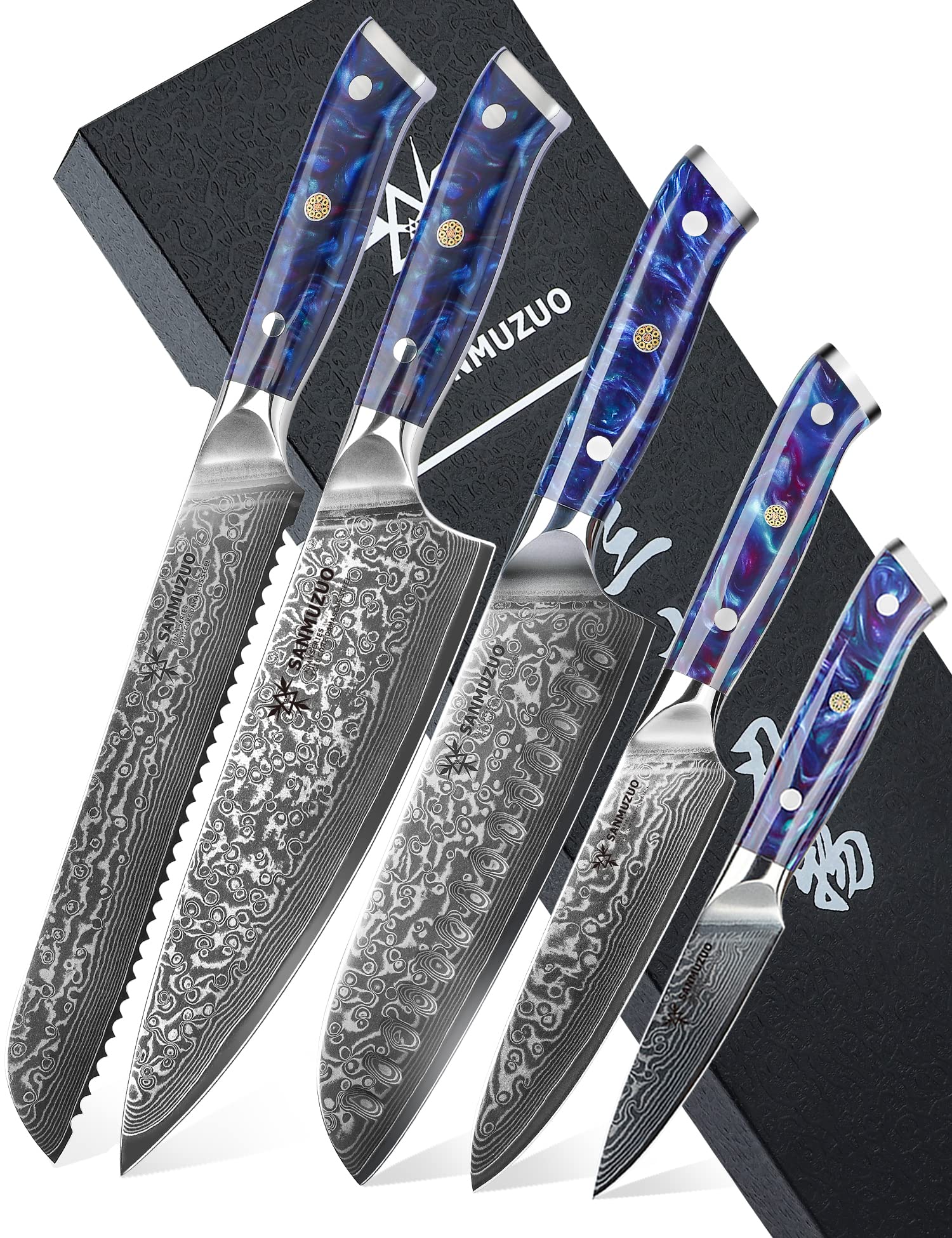 SANMUZUO Chef Cooking Knives Set- Kitchen Knife Set of 5 Piece - Ultra-Sharp VG10 Damascus Steel & Resin Handle - Xuan Series (Sapphire Blue)