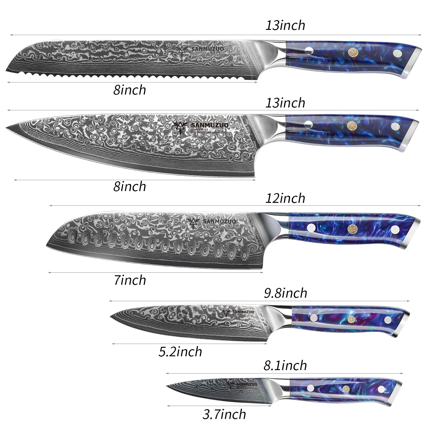 SANMUZUO Chef Cooking Knives Set- Kitchen Knife Set of 5 Piece - Ultra-Sharp VG10 Damascus Steel & Resin Handle - Xuan Series (Sapphire Blue)