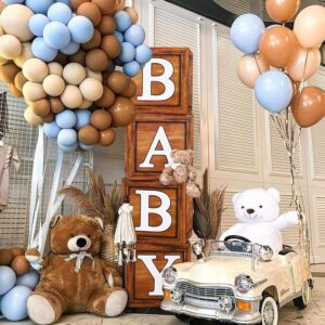 Baby Shower Decorations Baby Boxes with Letters, 4pcs Wood Baby Shower Brown Blocks with Printed BABY Letter, Gender Reveal Decorations, Woodland Baby Shower Girl Boy,Teddy Bear Theme Party