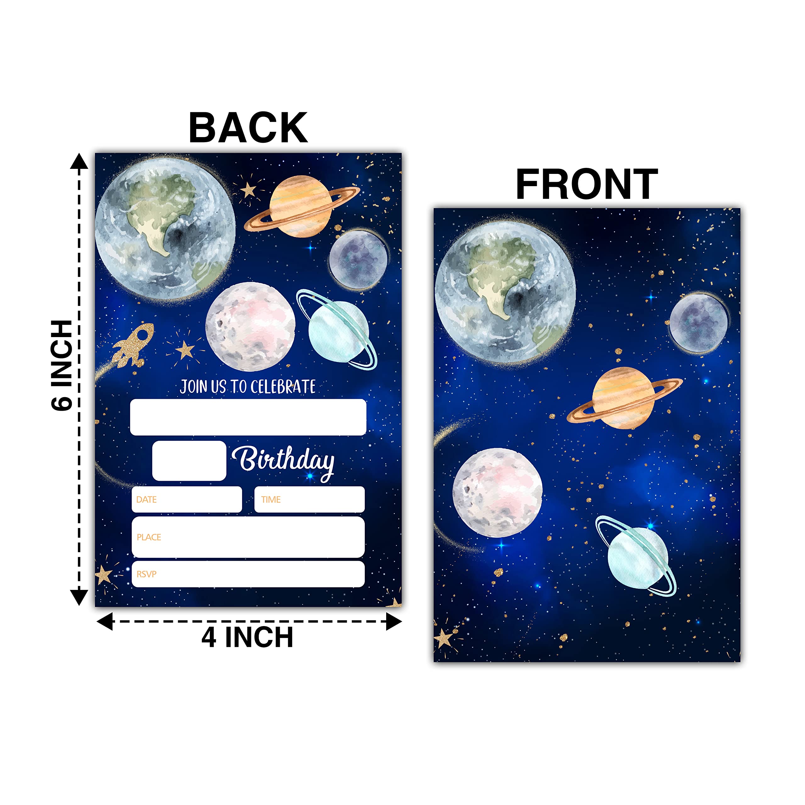 Buildinest Outer Space Birthday Party Invitations with Envelopes (20-Pack), 4"x6" Moon Planets Birthday Invitation Cards, Galaxy Blast Off Party Invites-B18