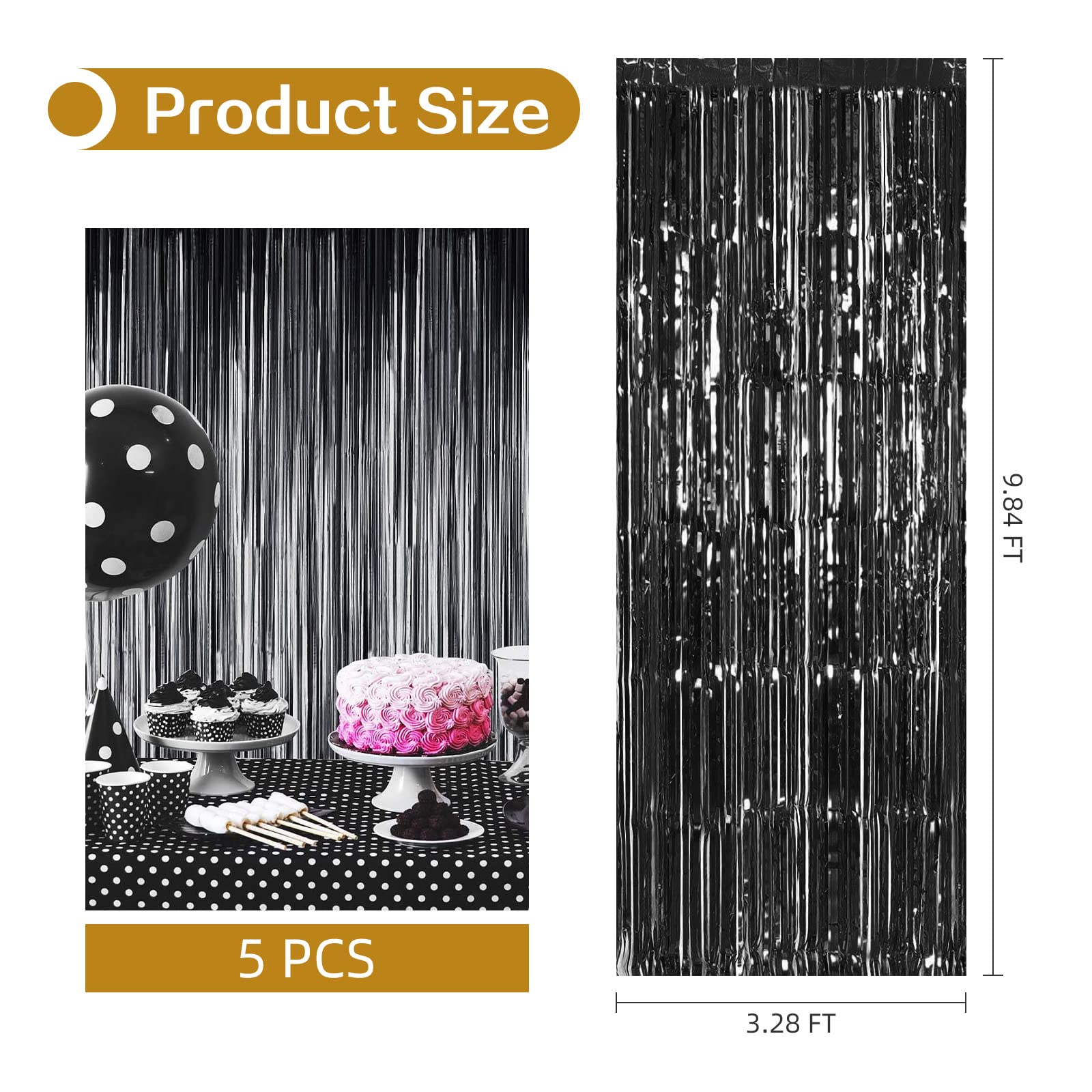 Ohiyoo 5 Pack 3.2ft x 9.8ft Black Foil Fringe Backdrop Curtains Metallic Tinsel Curtain Fringe Backdrop Streamer for Birthday Party Decoration Baby Shower Wedding Halloween Christmas Party Decor