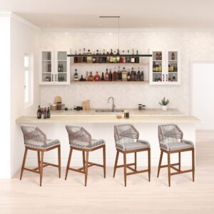 Counter Height Bar Stools Set of 2, 24.8" H Rattan Bar Stools, Home Back Dining Chair, Modern Patio Bar Stools with Backrest and Arm, Comfortable Simple and Beautiful Counter Chair