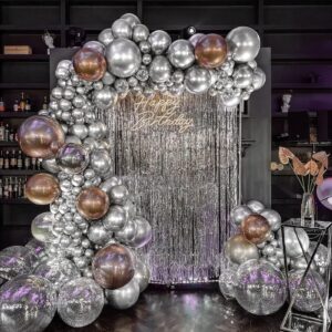 FOTIOMRG 110pcs Metallic Silver Balloon Garland Arch Kit, 18 12 10 5 inch Chrome Silver Latex Balloons Different Sizes Pack for Birthday Graduation Baby Shower Disco Wedding Party Decorations