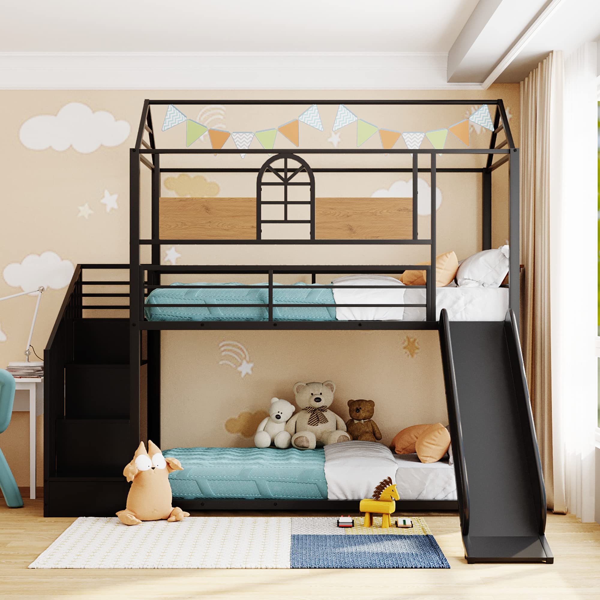 Bellemave House Bunk Bed with Slide and Stairs Twin Over Twin Floor Bunk Bed Frame Metal Playhouse Bunked with Storage Shelves for Kids Boys Girls Teens, Black with MDF