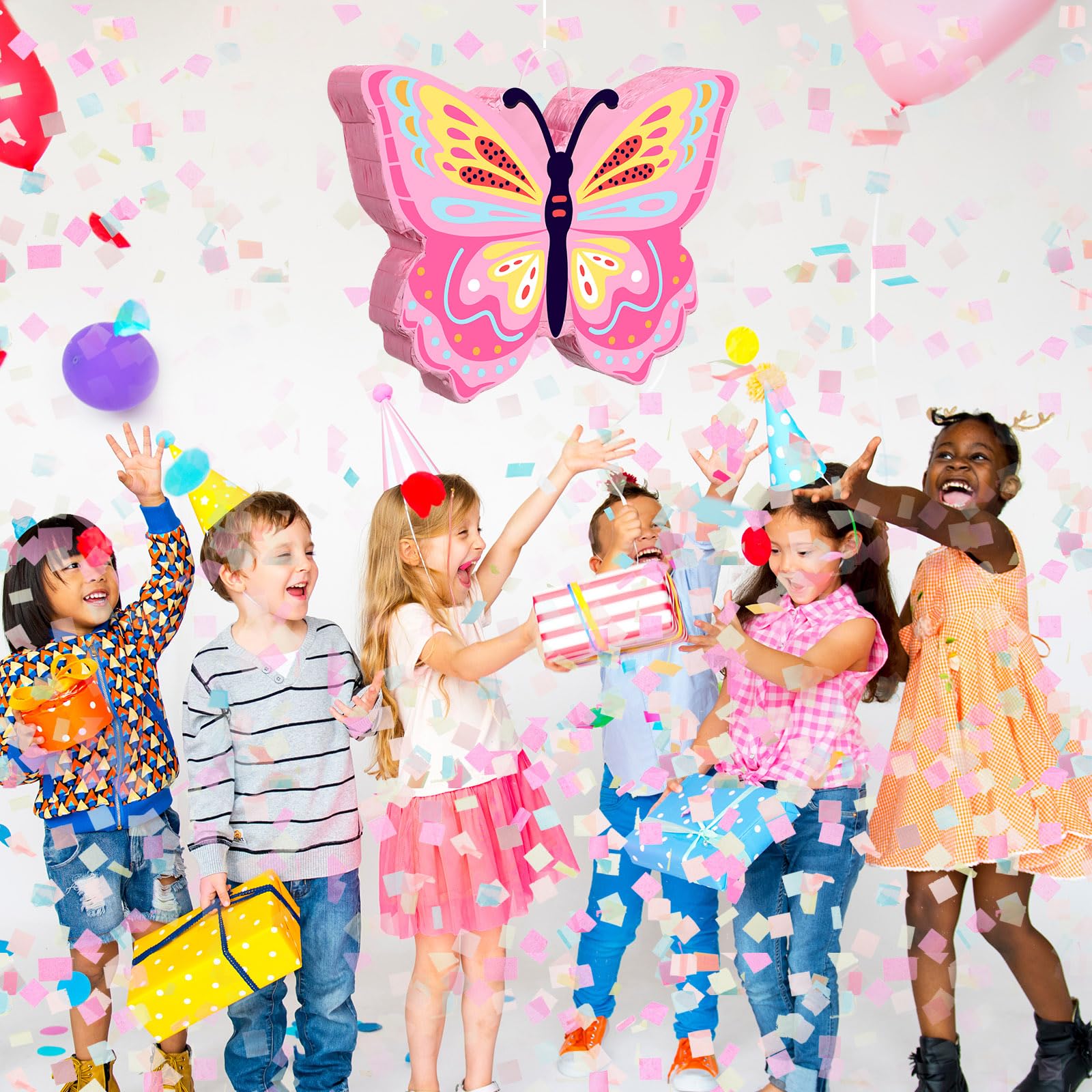 Threan Butterfly Pinata Bundle with Bat Stick & Blindfold - Butterfly Theme Party Supplies for Birthday or Baby Shower - Cardboard Pinata, Includes Confetti