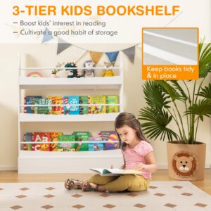 Costzon Kids Bookshelf, 3-Tier Wooden Book Shelf Organizer for Books and Toys, Toddler Space-Saving Wall Bookcase Conner Storage Rack for Bedroom, Living Room, Nursery, Playroom (White)