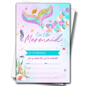 buildinest mermaid birthday party invitations with envelopes (20-pack), 4"x6" under the sea birthday invitation cards, fill-in style party invites-b40