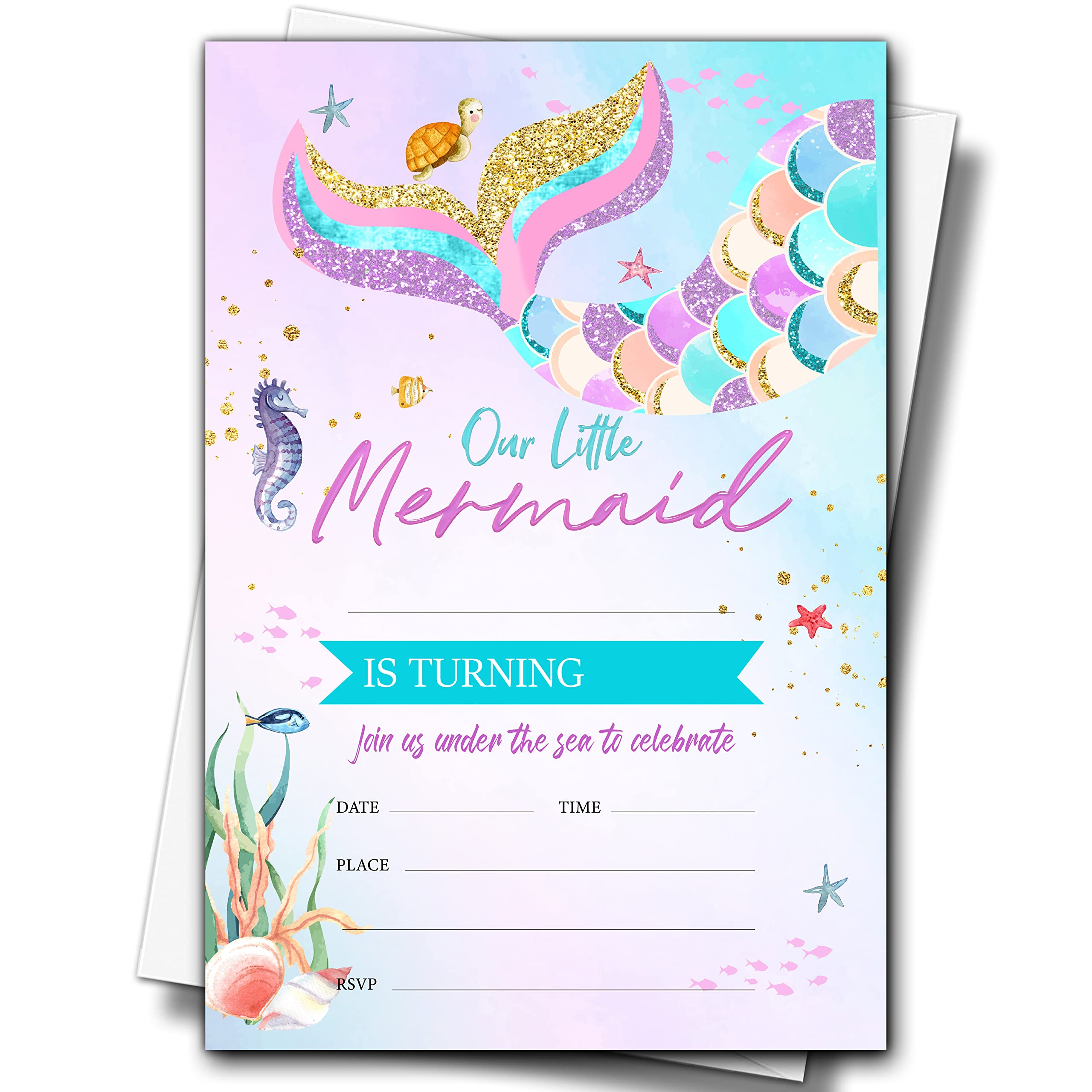 Buildinest Mermaid Birthday Party Invitations with Envelopes (20-Pack), 4"x6" Under the Sea Birthday Invitation Cards, Fill-in Style Party Invites-B40