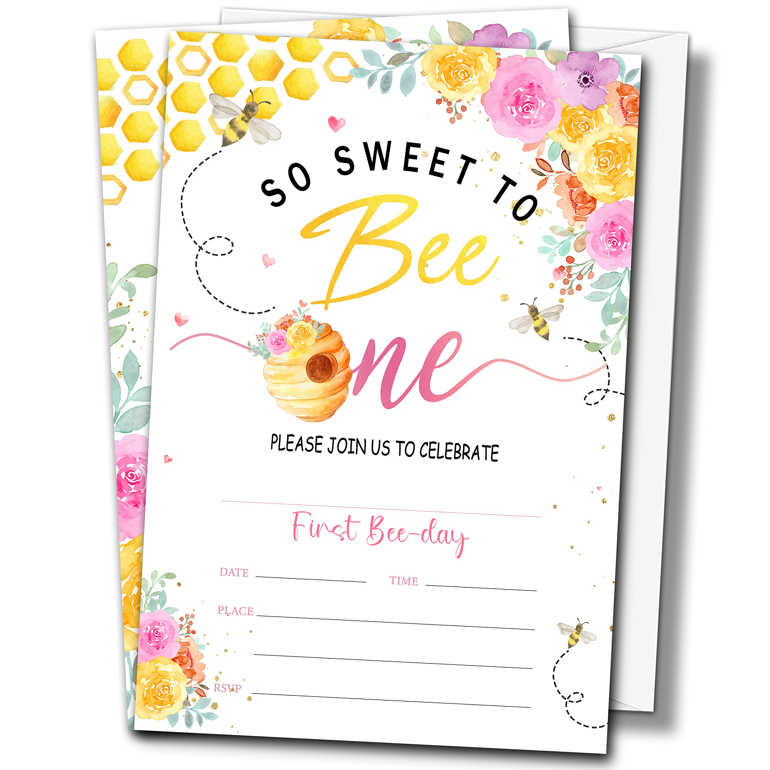 Buildinest Honey Bee 1st Birthday Party Invitations with Envelopes (20-Pack), 4"x6" So Sweet To Bee One Birthday Invitation Cards, First Bee-Day Party Invites-B10