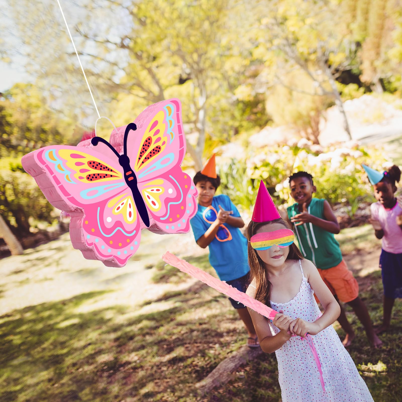 Threan Butterfly Pinata Bundle with Bat Stick & Blindfold - Butterfly Theme Party Supplies for Birthday or Baby Shower - Cardboard Pinata, Includes Confetti