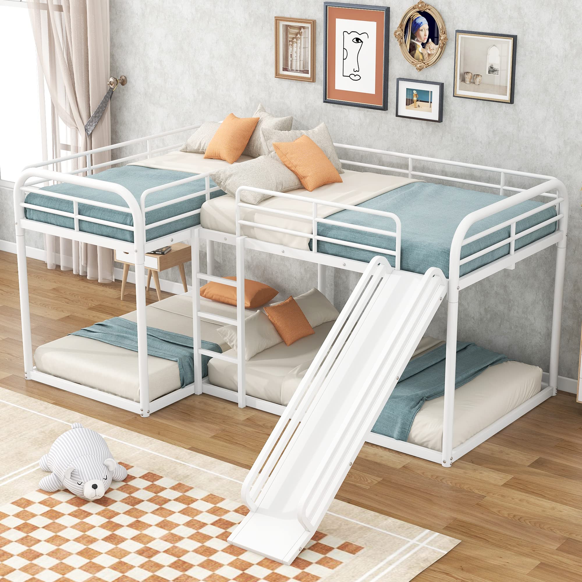 Bellemave Quad Bunk Beds with Slide L-Shape Metal Bunk Bed for 4 Twin Over Twin Attach with Full Over Full Bunked Modern Floor Corner Bunked for Multi-Kids Boys Girls Teens, White