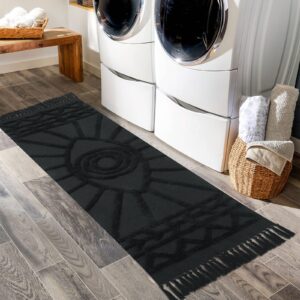 Uphome Hallway Runner Rug 2'x6' Washable Evil Eye Tufted Boho Rug with Tassels Soft Cotton Woven Kitchen Rugs Farmhouse Aesthetic Dark Gray Accent Rug for Living Room Laundry Room Bedroom