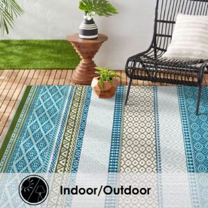 Collive Indoor Outdoor Rug 4'x6', Tribe Machine Washable Rug,Non-Shedding Reversible Carpet for Living Room, Dining Room, Patio Clearance, Deck, Front Porch - Teal