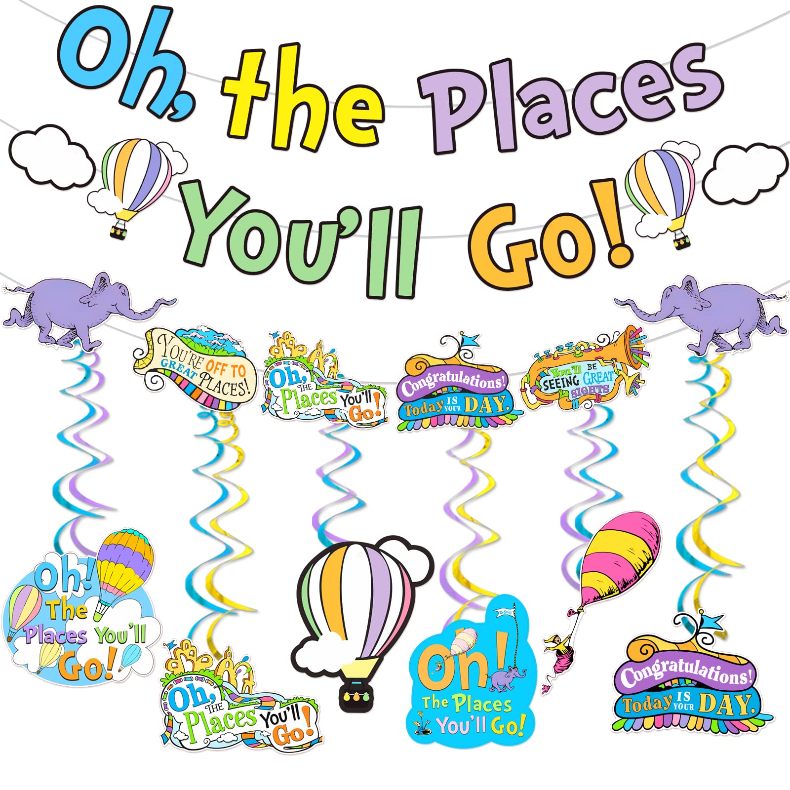 Oh The Places You'll Go Decorations Dr Seuss Party Decorations Oh The Places You'll Go Banner Hot air Balloon Decorations Kindergarten Preschool Graduation Decorations