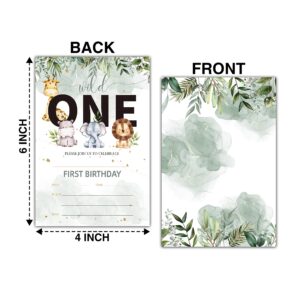 Buildinest Wild One Birthday Party Invitations with Envelopes (20-Pack), 4"x6" Safari Animals 1st Birthday Invitation Cards, Jungle Wild Animals Party Invites-B14