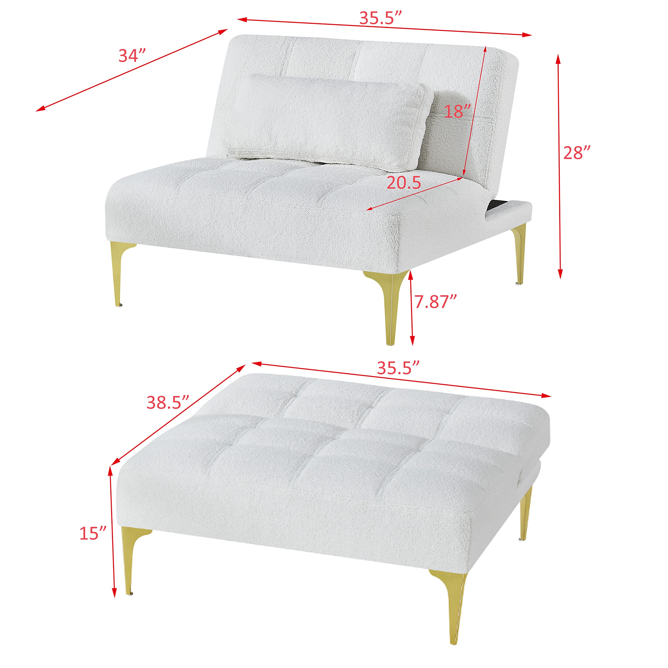 Polibi Modern Sofa Couch with Toss Pillows, Convertible Folding Sofa Bed with Adjustable Backrest and Golden Legs, Single Sofa Chair, Teddy Fabric, White