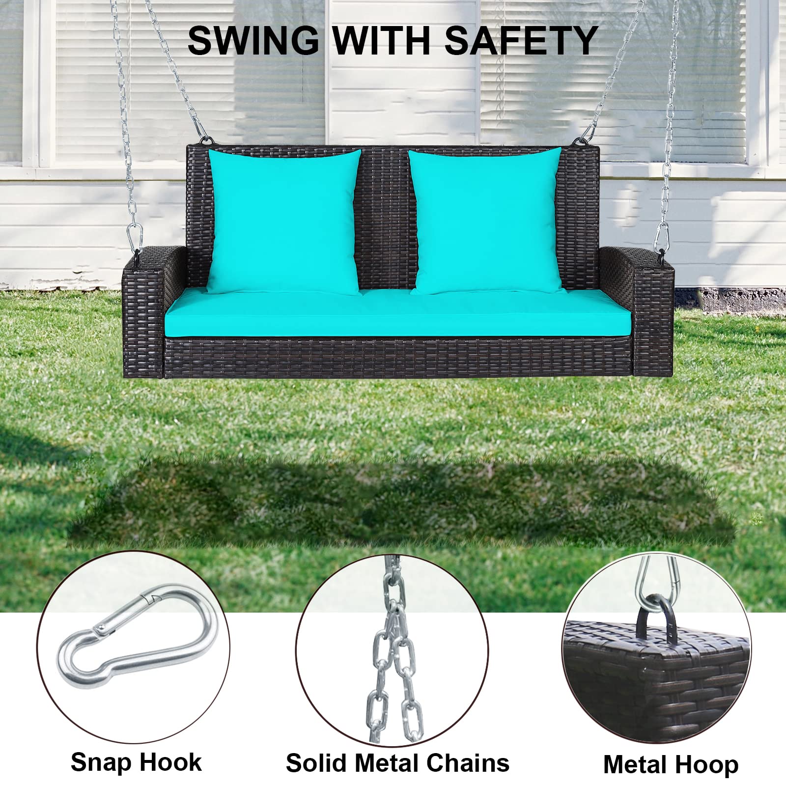 UJOYPAYD Hanging Porch Swing Bench,Heavy Duty 800 LBS 2-Person Rattan Swing Chair with Soft Cushions,Metal Frame Wicker Swing Bench,7.9ft Reinforced Steel Chain for Deck, Backyard, Garden (Turquoise)