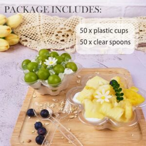 50ct 8oz Clear Plastic Dessert Cups with Spoons, Disposable Flower Shaped Ice Cream Bowls, Party Sundae Serving Bowls for Ice Cream, Nuts and Salad, Trifle Tasters Containers