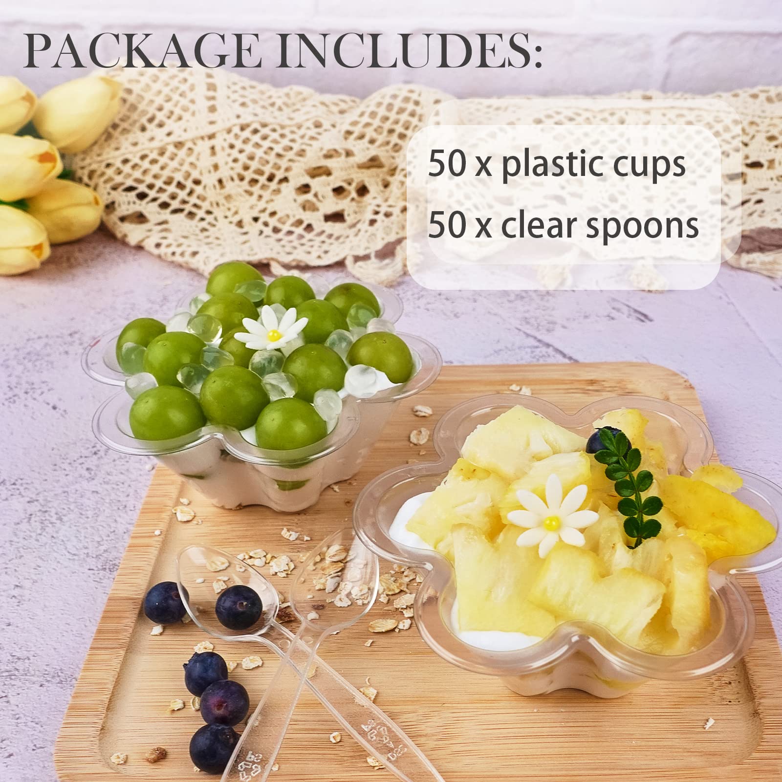 50ct 8oz Clear Plastic Dessert Cups with Spoons, Disposable Flower Shaped Ice Cream Bowls, Party Sundae Serving Bowls for Ice Cream, Nuts and Salad, Trifle Tasters Containers