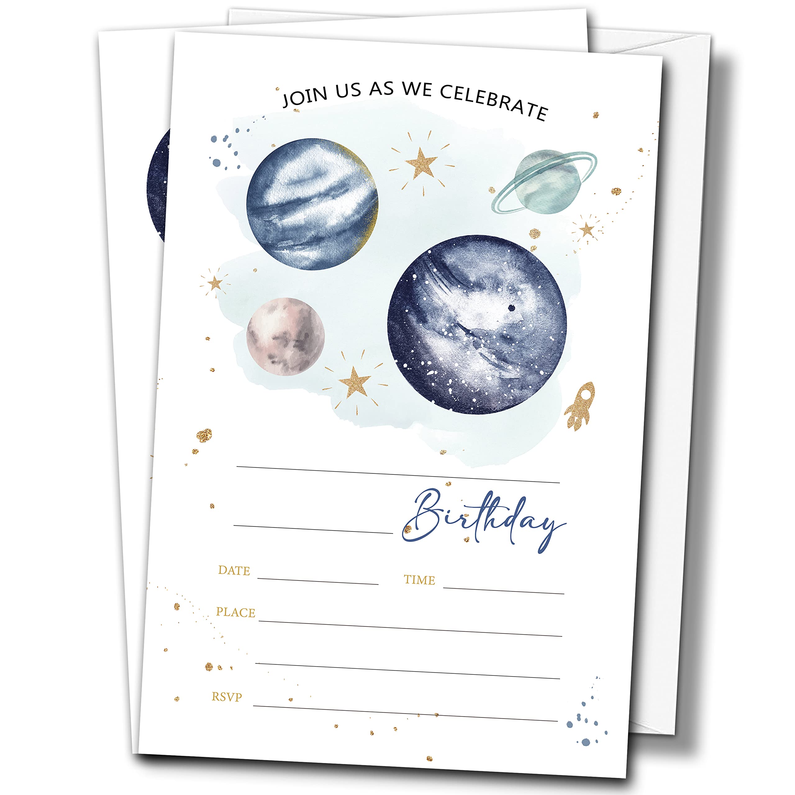 Buildinest Outer Space Birthday Party Invitations with Envelopes (20-Pack), 4"x6" Moon Planets Birthday Invitation Cards, Fill-in Style Party Invites-B16