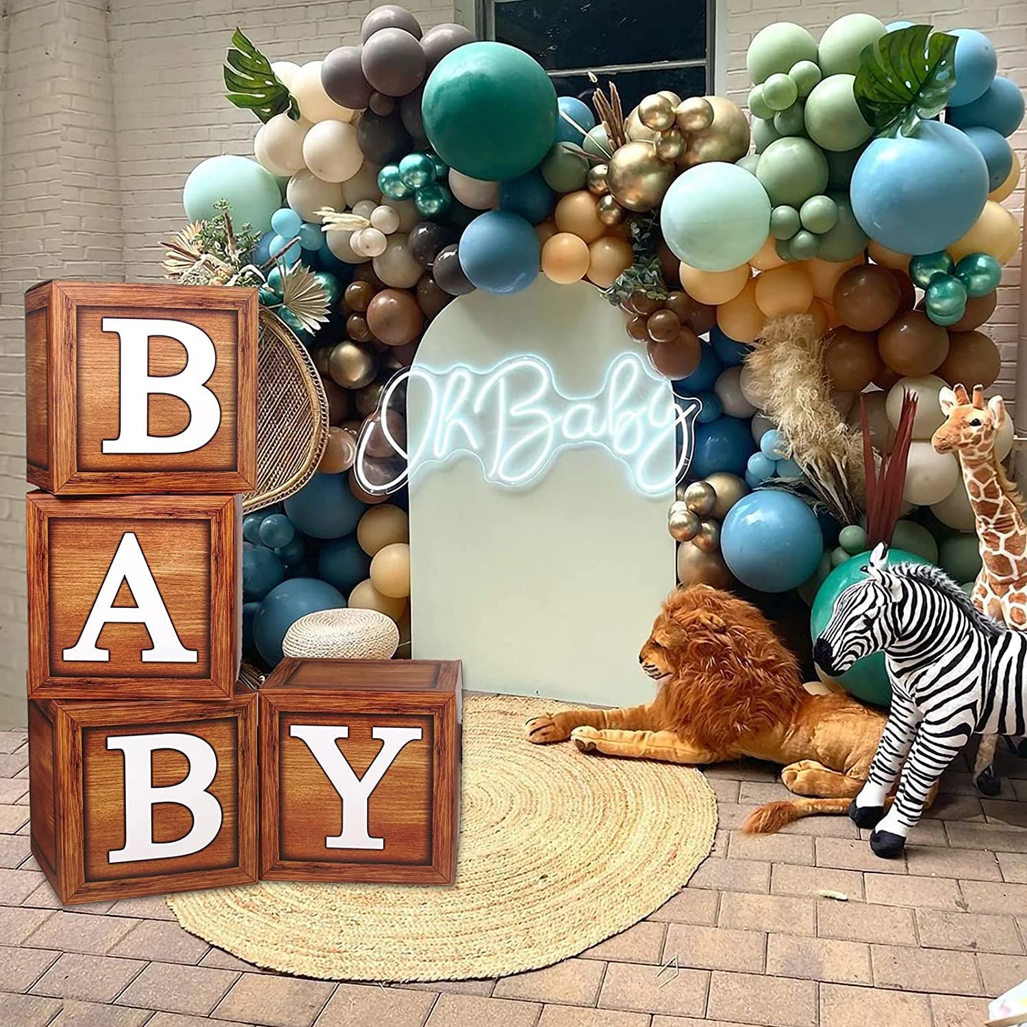 Baby Shower Decorations Baby Boxes with Letters, 4pcs Wood Baby Shower Brown Blocks with Printed BABY Letter, Gender Reveal Decorations, Woodland Baby Shower Girl Boy,Teddy Bear Theme Party