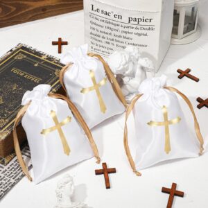 PerKoop 50 Pcs Baptism Satin Gift Bags with Drawstring 4 x 6 Inch Religious Party Favor Candy Bags Cross Gift Bag Jewelry Pouches for Christmas Baptism First Communion(White)