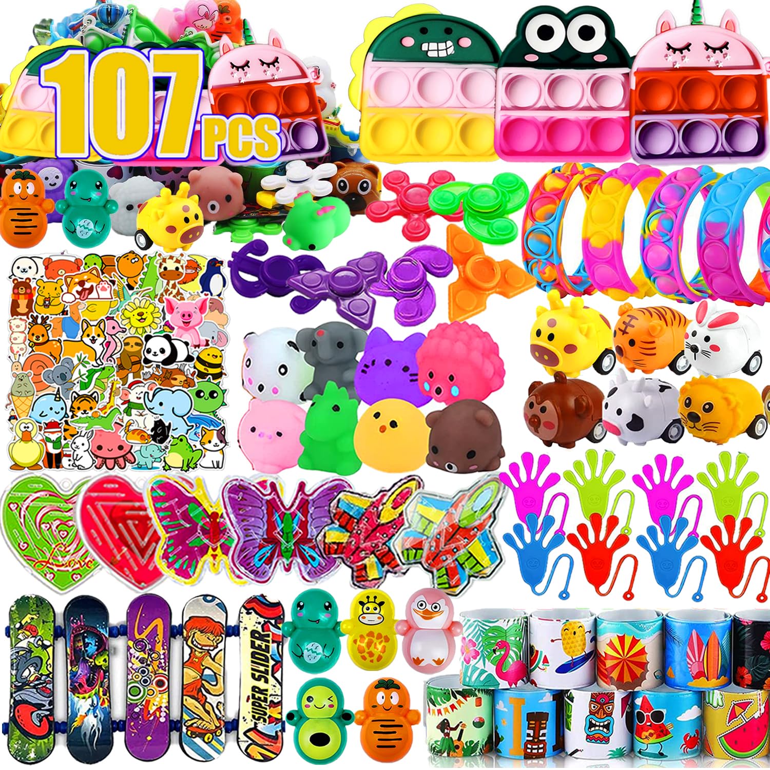 Dilycery 107 PCS Party Favors Toys for Kids, Treasure Box Toys for Classroom, Pop Fidget Toys Treasure Chest for Kids Prizes Classroom, Bulk Pinata Stuffers Goodie Bag Fillers for Kids 4-8