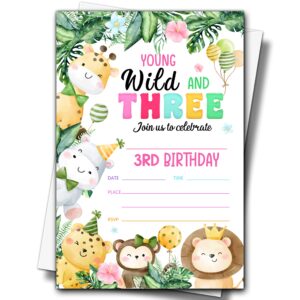 buildinest young wild and three birthday party invitations with envelopes (20-pack), 4"x6" safari animals 3rd birthday invitation cards, jungle wild animals party invites-b39