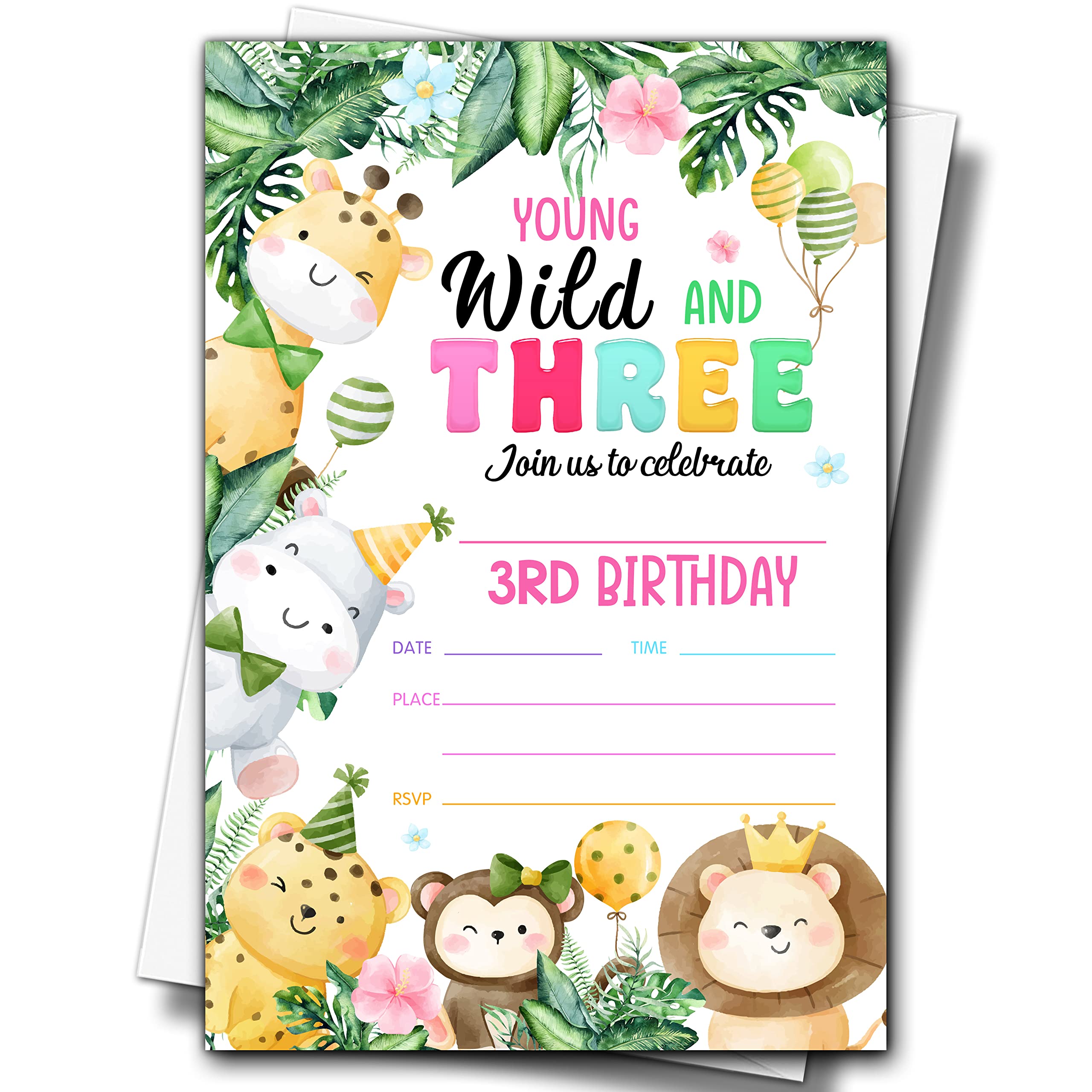 Buildinest Young Wild And Three Birthday Party Invitations with Envelopes (20-Pack), 4"x6" Safari Animals 3rd Birthday Invitation Cards, Jungle Wild Animals Party Invites-B39