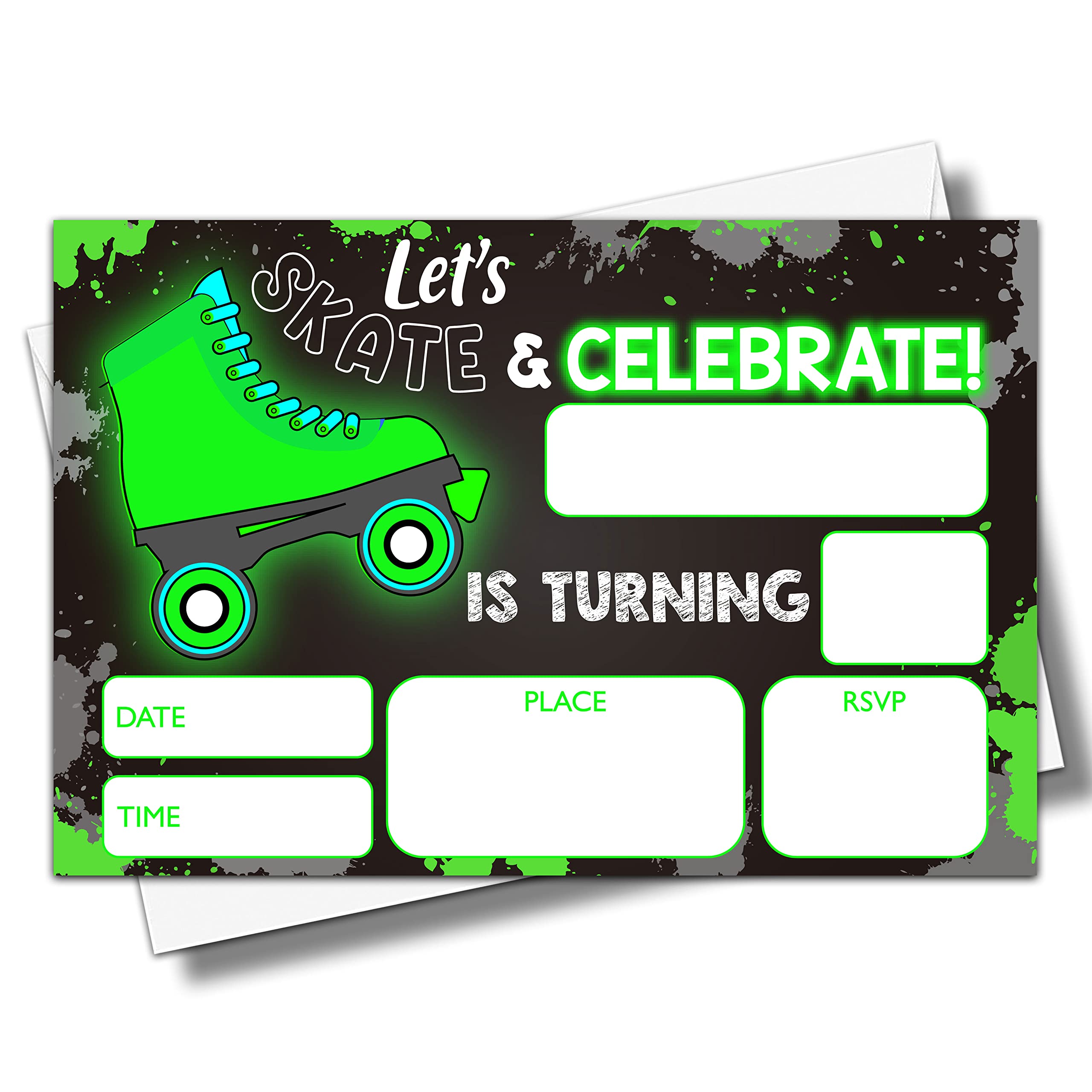 YSTEP Roller Skating Birthday Party Invitations, 20 Invite Cards with Envelopes, 4"x6" Neon Skating Birthday Party Invites - A30