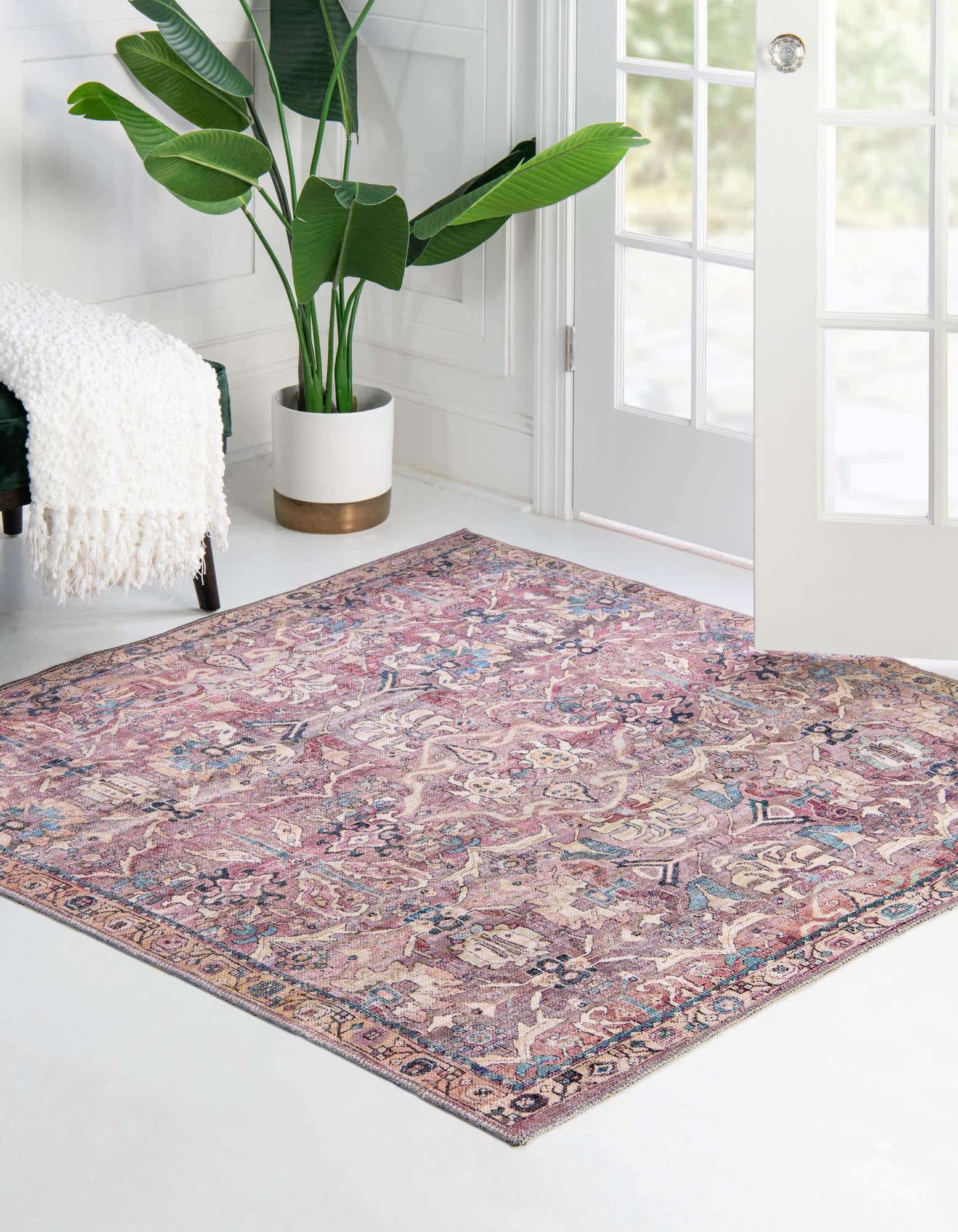 Rugs.com Nostalgia Collection Washable Rug – 7' 10 Square Pink Flatweave Perfect for Living Rooms, Kitchens, Entryways