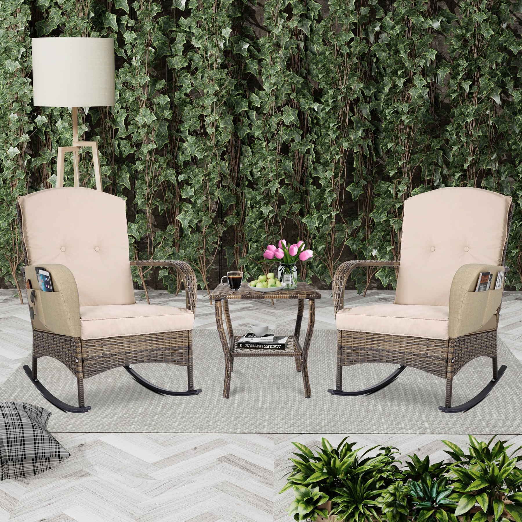 CIRMUBUY 3-Piece Outdoor Furniture Set, Patio Conversation Chair, Wicker Cushioned Patio Rocker with Side Table for Porch, Garden, Poolside & Deck, Beige