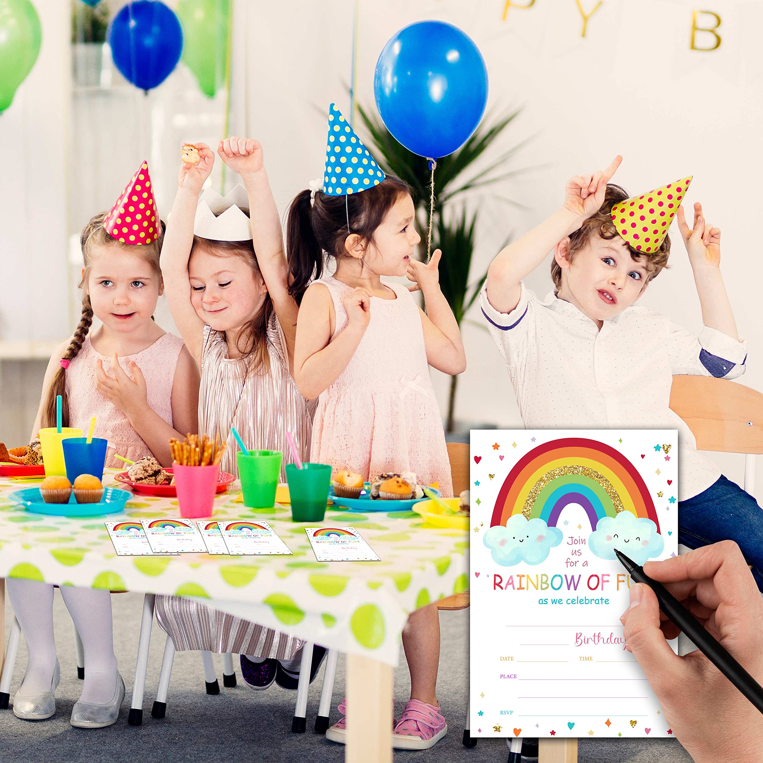 Buildinest Rainbow Birthday Party Invitations with Envelopes (20-Pack), 4"x6" Rainbow Cloud Heart Birthday Invitation Cards, Rainbow of Fun Party Invites-B36