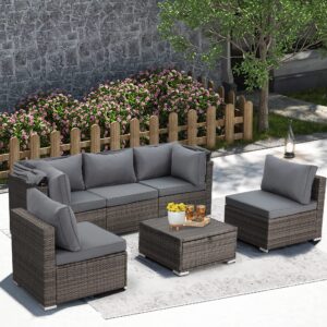 HOMREST 6 Pieces Patio Furniture Sets, Rattan Daybed with Retractable Canopy, Outdoor Sectional Sofa Set with Adjustable Backrest, Chaise Chair Sunbed for Garden Poolside Backyard（Grey）