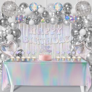 iridescent birthday party decoration set 78pcs, disco groovy 60s 70s party supplies silver party decors include disco ball banner balloon garland arch tablecloth fringe curtain cake topper set