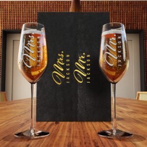 Set of 2 Custom Champagne Flutes - Customized Wedding Champagne Glasses - Personalized Bride & Groom Champagne Flutes for Mr & Mrs - Champagne Coupe Glasses - Unique Wedding Gift Idea - 6 Designs