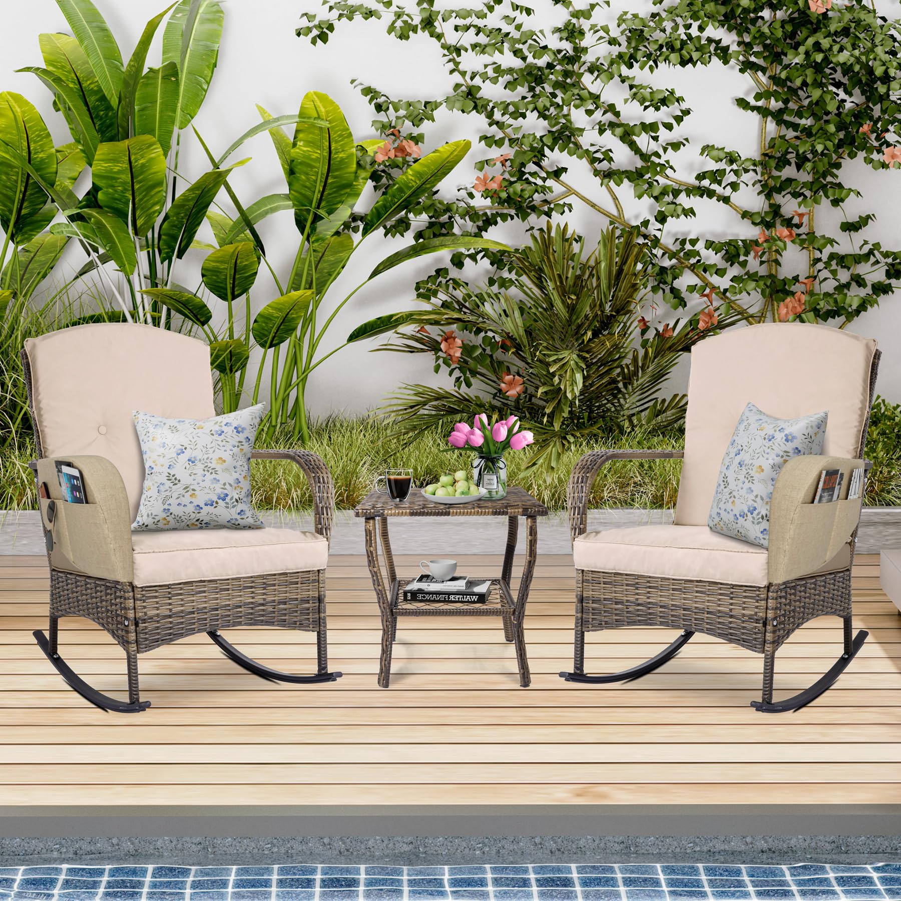 CIRMUBUY 3-Piece Outdoor Furniture Set, Patio Conversation Chair, Wicker Cushioned Patio Rocker with Side Table for Porch, Garden, Poolside & Deck, Beige