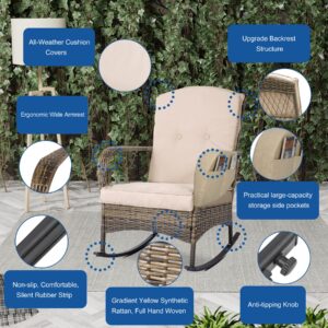 CIRMUBUY 3-Piece Outdoor Furniture Set, Patio Conversation Chair, Wicker Cushioned Patio Rocker with Side Table for Porch, Garden, Poolside & Deck, Beige