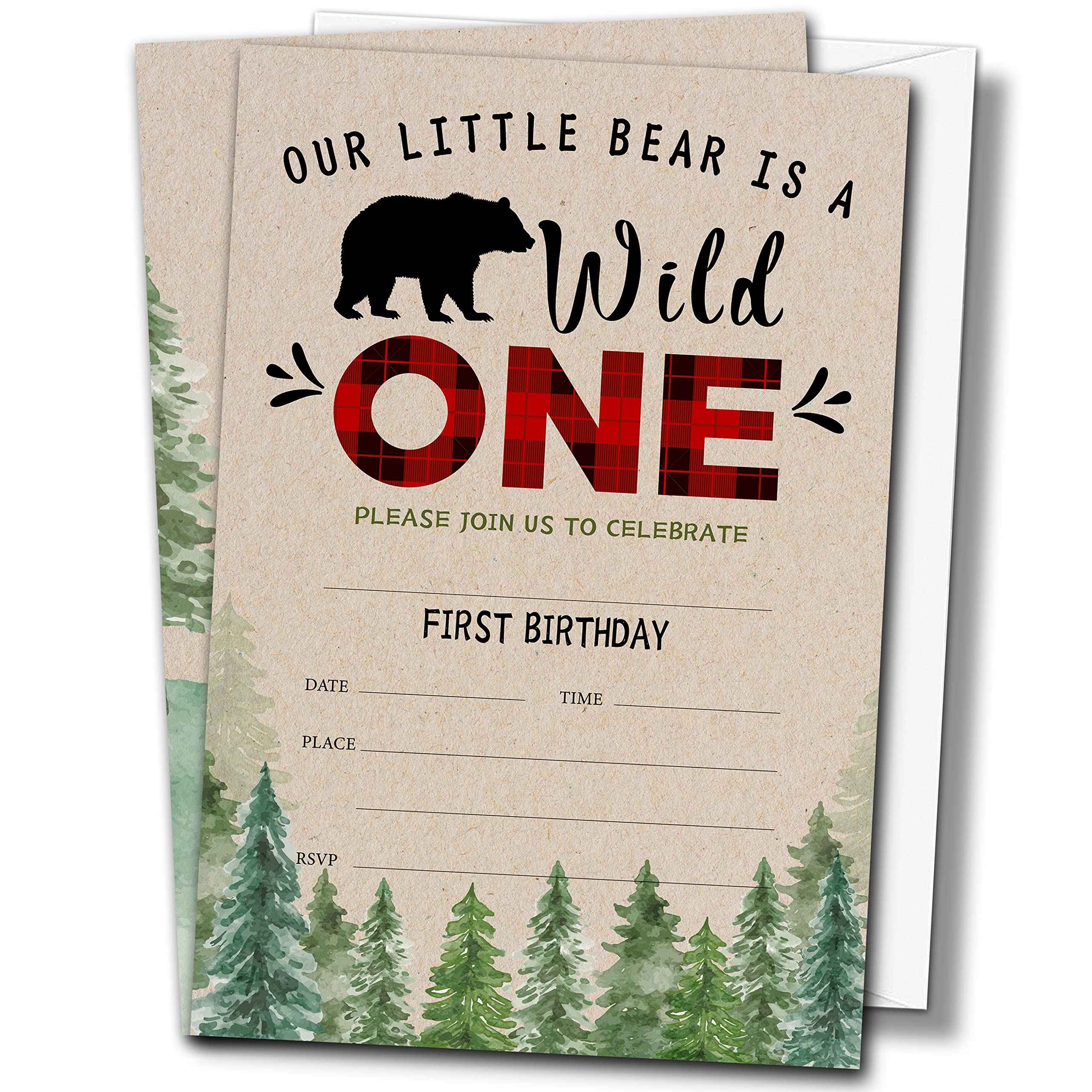 Wild One Birthday Party Invitations with Envelopes (20-Pack), 4"x6" Rustic Bear Buffalo Plaid 1st Birthday Invitation Cards, Fill-in Style Party Invites-B08