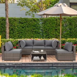 HOMREST 6 Pieces Patio Furniture Sets, Rattan Daybed with Retractable Canopy, Outdoor Sectional Sofa Set with Adjustable Backrest, Chaise Chair Sunbed for Garden Poolside Backyard（Grey）