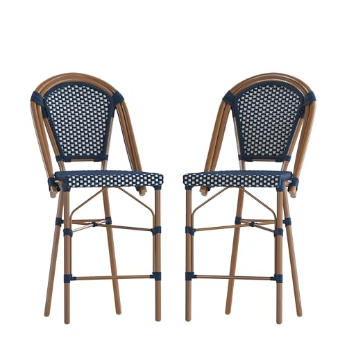 Flash Furniture Bordeaux Commercial Grade Bistro Counter Height Stool, Stackable Indoor/Outdoor Dining Stool, 26" High, Set of 2, Navy/White and Natural Finish