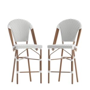 flash furniture lourdes commercial grade bistro counter height stool, stackable indoor/outdoor dining stool, 26" high, white/gray and bamboo finish, set of 2