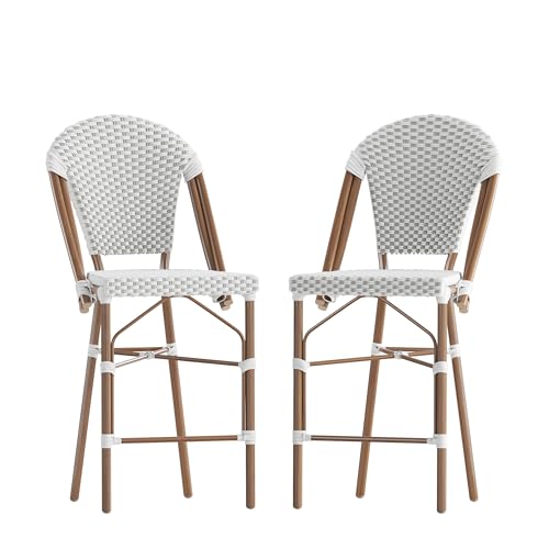 Flash Furniture Lourdes Commercial Grade Bistro Counter Height Stool, Stackable Indoor/Outdoor Dining Stool, 26" High, White/Gray and Bamboo Finish, Set of 2