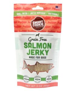 smart cookie salmon jerky dog treats - dha & omega strips for dogs & puppies with allergies, sensitive stomachs with wild caught alaskan salmon- dehydrated, grain free, made in usa - 3oz bag pack of 1