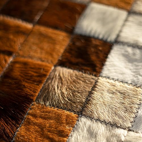 FOTA 100% Genuine Leather Cowhide Patchwork Area Rug Cow Skin Soft Hair Suede Carpet Throw Real Natural Pattern Cowhides Rustic Barn House Decor Western Southern Boho (Black Center Mix, 4' x 3')